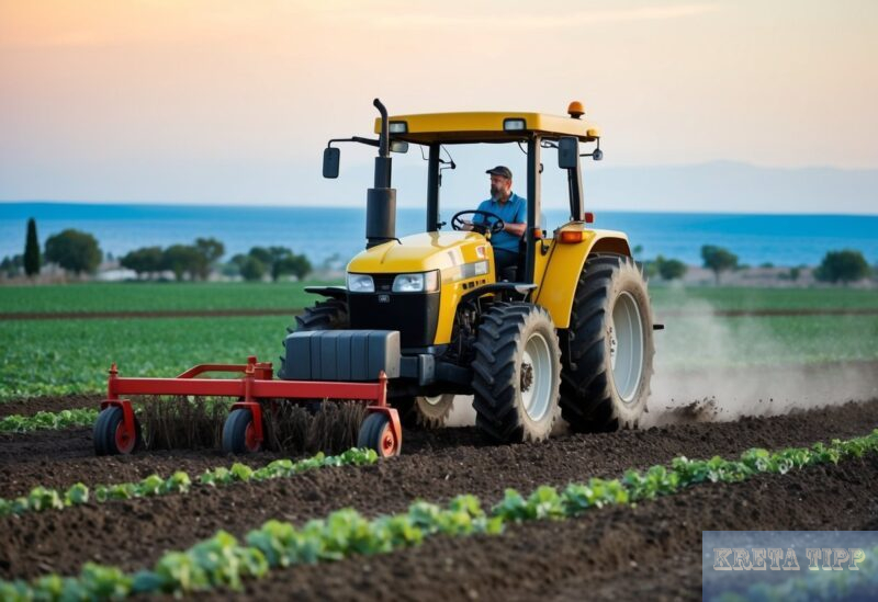 Landwirt auf Traktor pflügt Feld auf Kreta