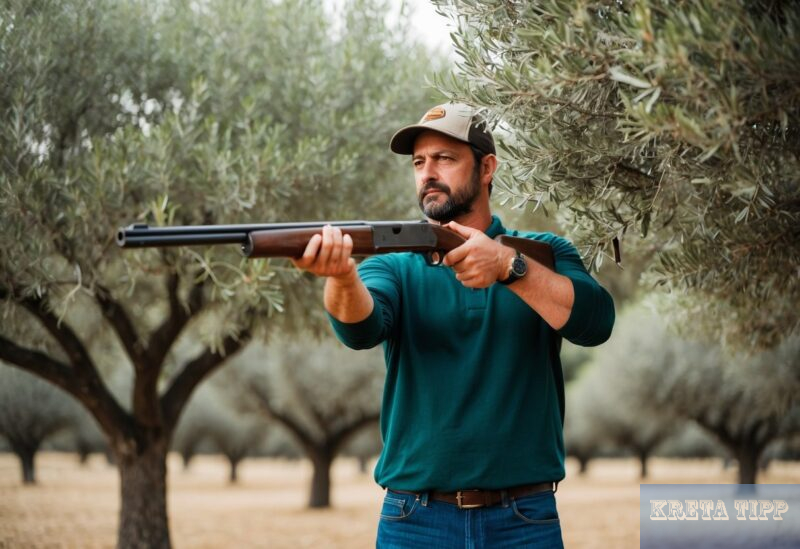 Waffen: Mann mit Schrotflinte unter Olivenbäumen